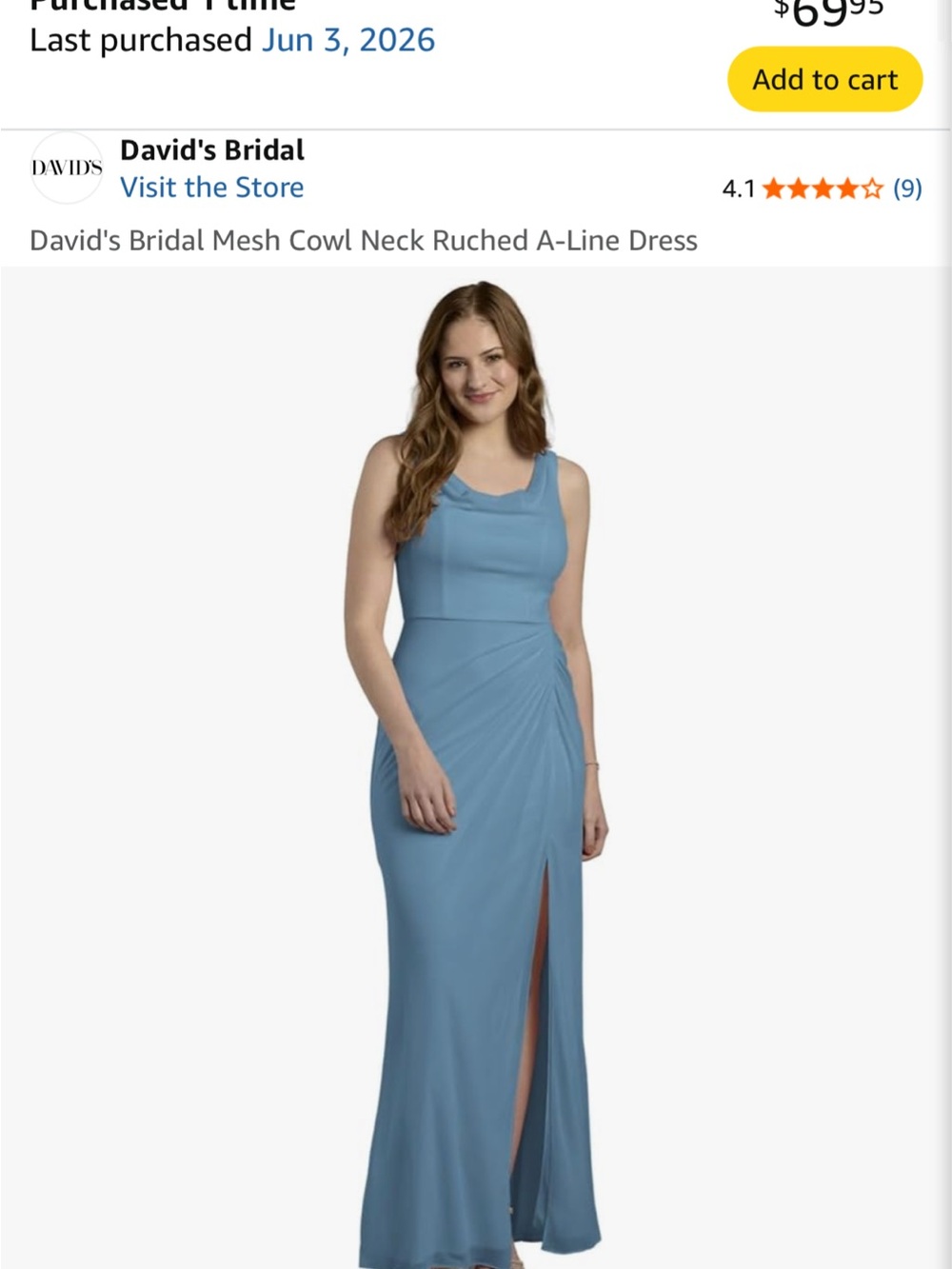 David's Bridal Blue Ruched A-Line Maxi Dress NWT 0